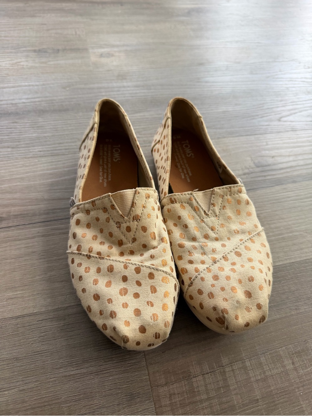 Toms Beige Canvas Slip-Ons with Copper Polka Dots